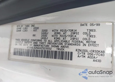 1999 Toyota Tacoma from USA, damaged, VIN 4TAVL52N4XZ523932